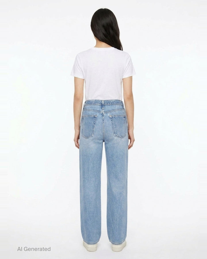 rag & bone washed black wide-leg jeans with contrast green and white side stripes along the outer seams, high-rise fit, five-pocket construction - back