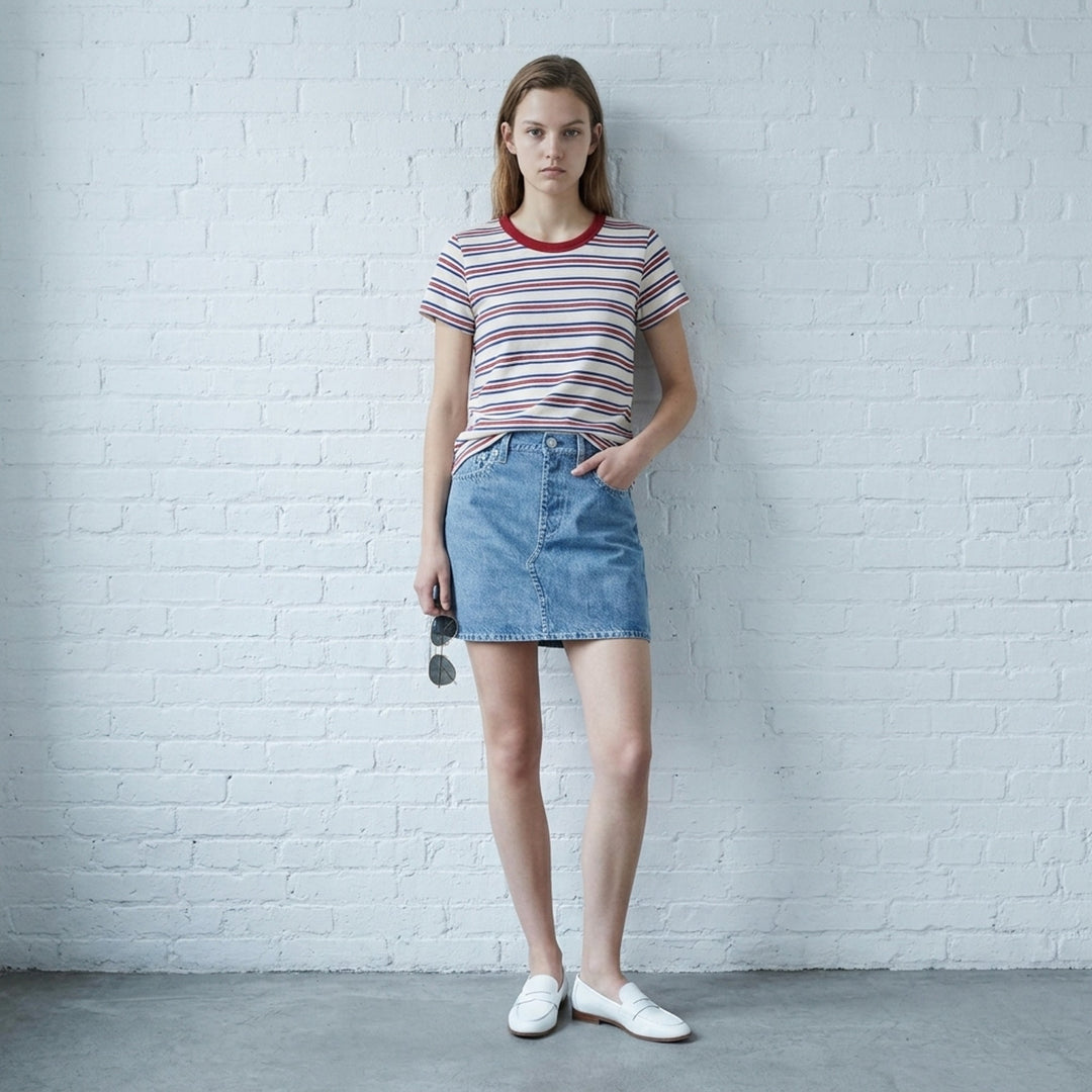rag & bone Slub Stripe Tee in navy with tonal horizontal stripes, crew neckline, and short sleeves, shown flat on a white background - lifestyle
