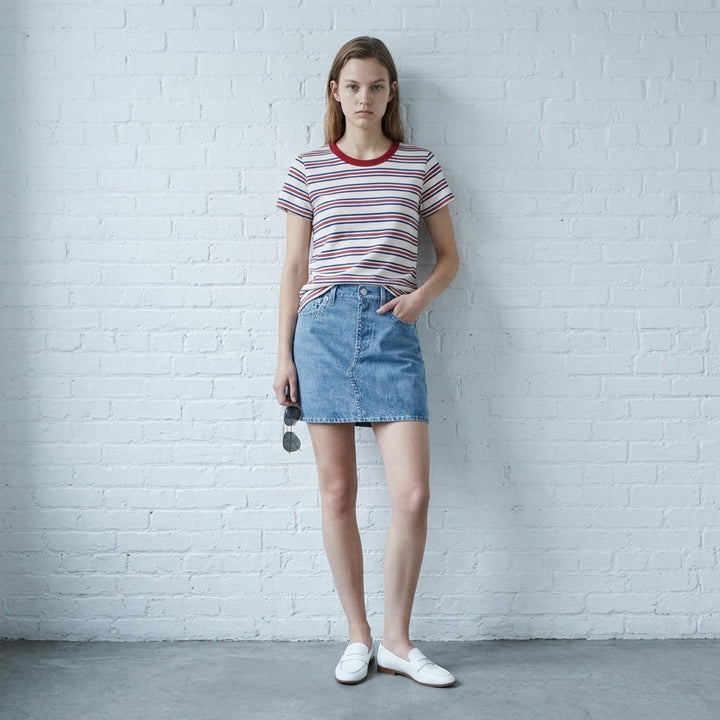 rag & bone Slub Stripe Tee in navy with tonal horizontal stripes, crew neckline, and short sleeves, shown flat on a white background - lifestyle