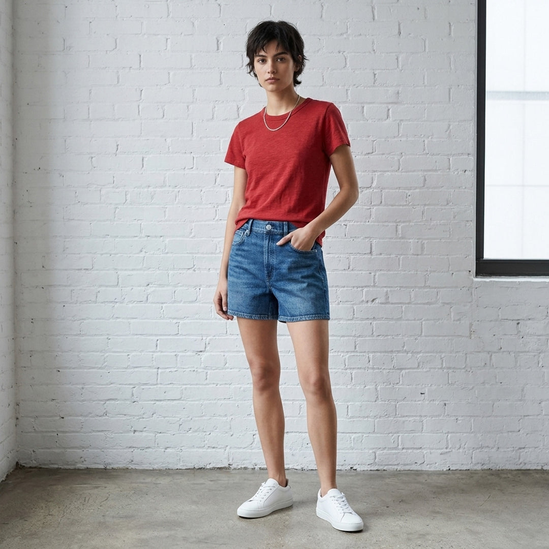 rag & bone Slub Tee in red, featuring a crew neckline, short sleeves, and slub cotton texture — front view - lifestyle