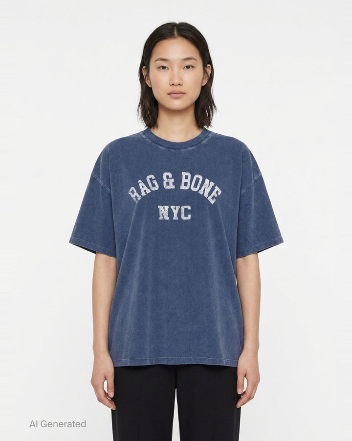 rag & bone University Alex Tee in washed navy, featuring a distressed arched collegiate graphic print reading 'RAG & BONE NYC', relaxed oversized fit with a crewneck collar and short sleeves - front