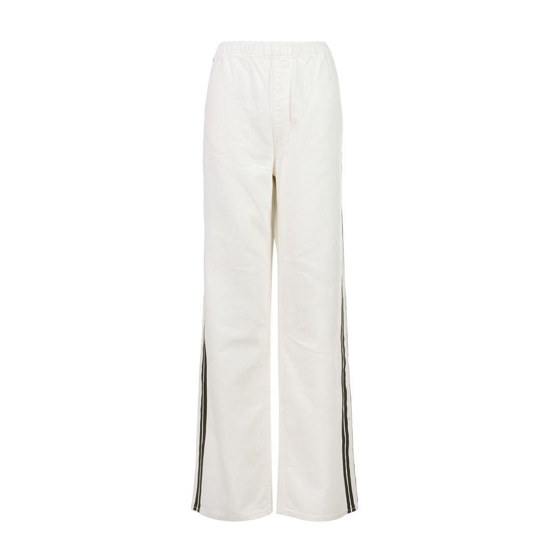 rag & bone Logan Pull-On Track Pants in white denim with dual contrast side stripes and an elasticated waistband, displayed flat against a white background