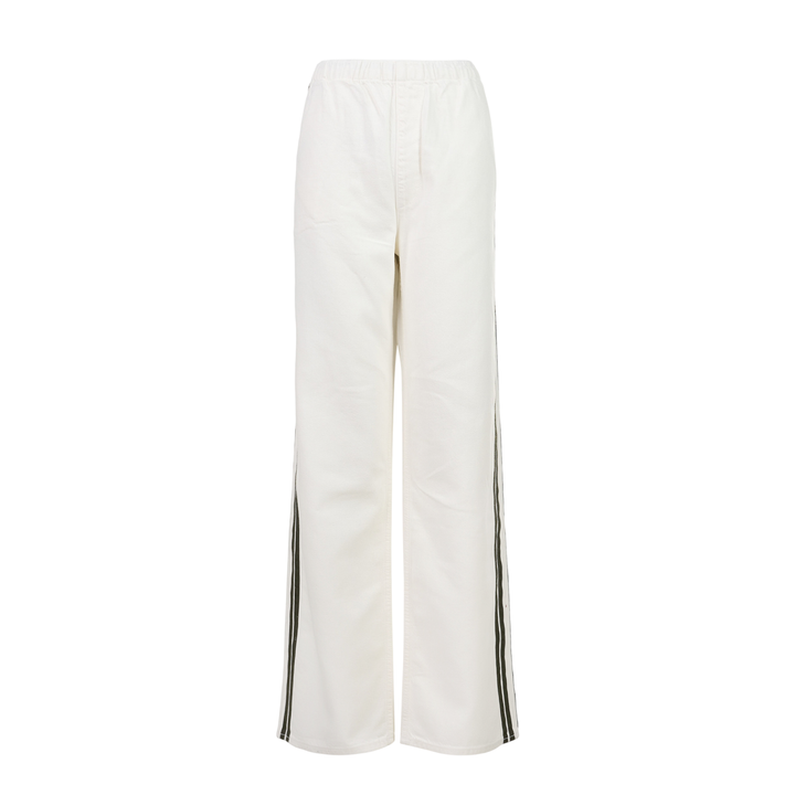rag & bone Logan Pull-On Track Pants in white denim with dual contrast side stripes and an elasticated waistband, displayed flat against a white background