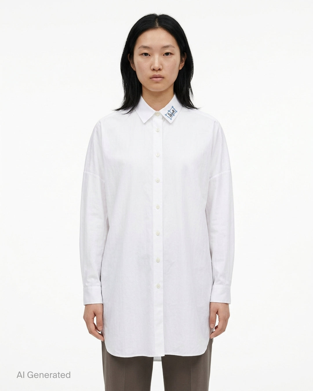 Random Identities oversized white long sleeve shirt dress with drop shoulders, button front and embroidered collar detail - front