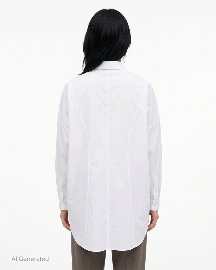 Random Identities oversized white long sleeve shirt dress with drop shoulders, button front and embroidered collar detail - back