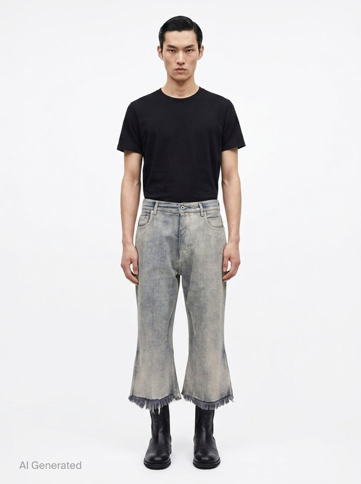 Rick Owens Bolan Cut cropped flared jeans in acid-washed black denim with raw frayed hem and five-pocket construction, front view - front