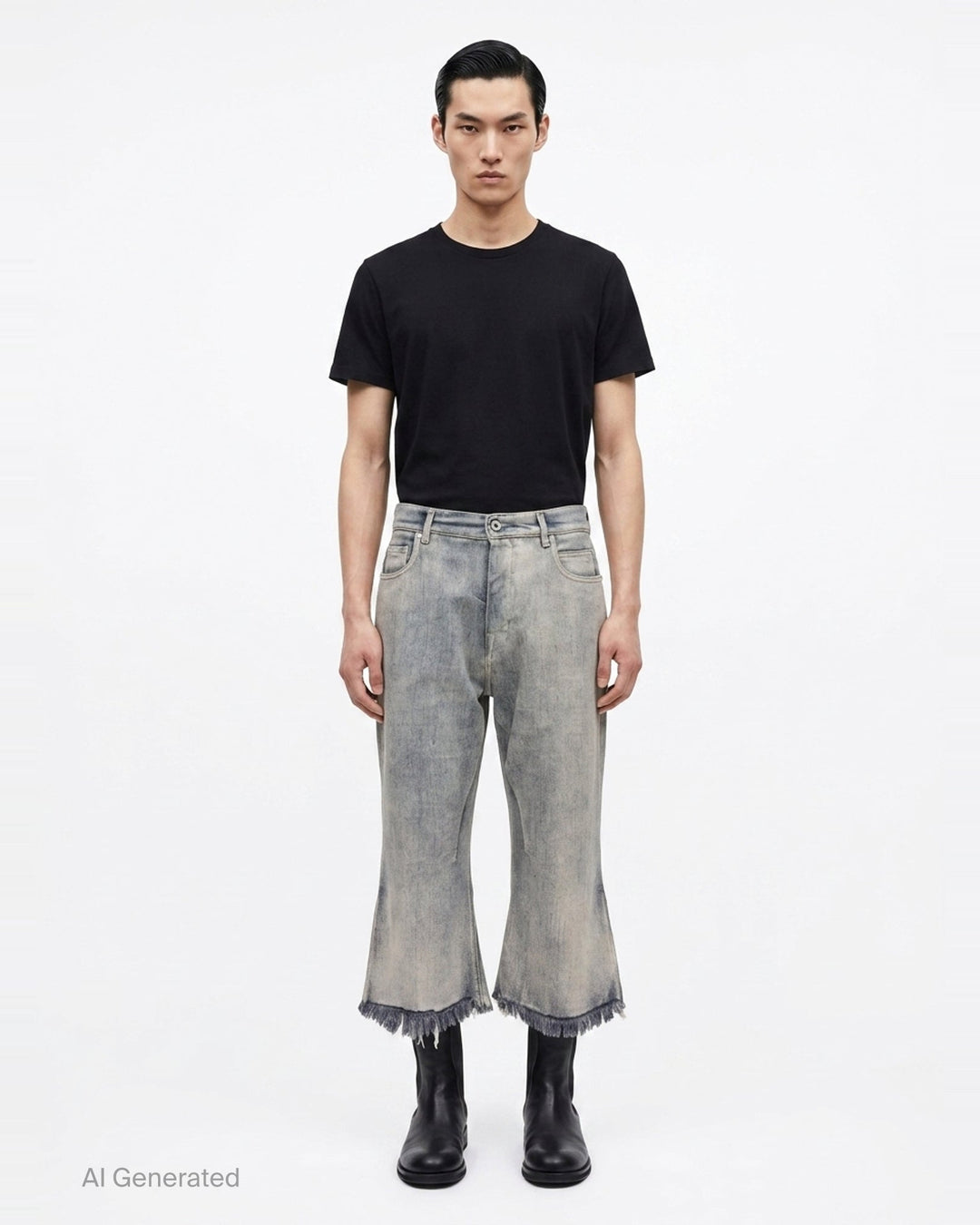 Rick Owens Bolan Cut cropped flared jeans in acid-washed black denim with raw frayed hem and five-pocket construction, front view - front