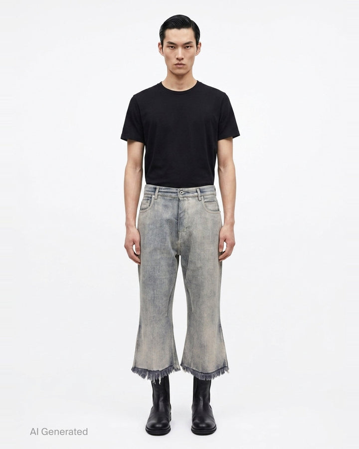 Rick Owens Bolan Cut cropped flared jeans in acid-washed black denim with raw frayed hem and five-pocket construction, front view - front