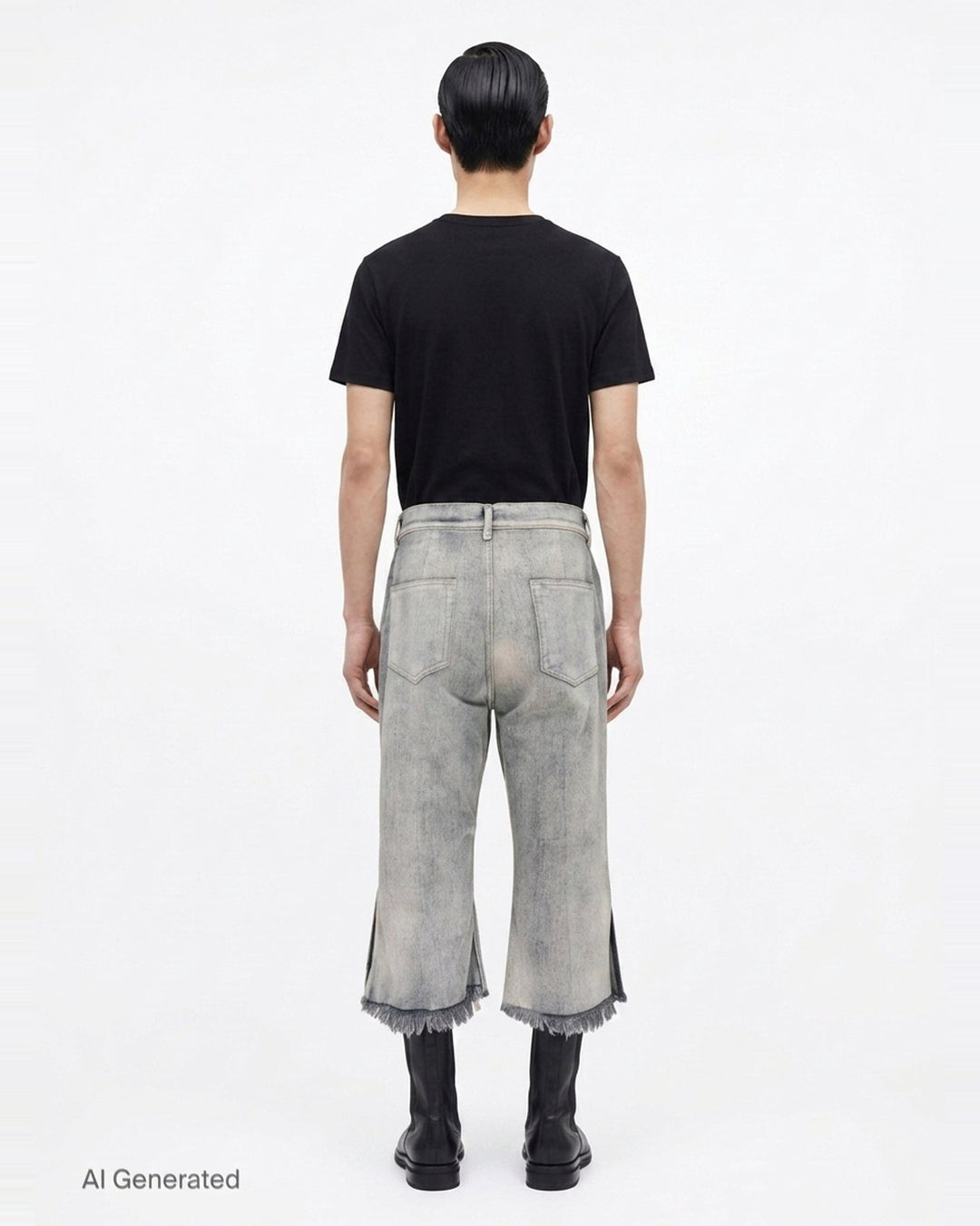 Rick Owens Bolan Cut cropped flared jeans in acid-washed black denim with raw frayed hem and five-pocket construction, front view - back