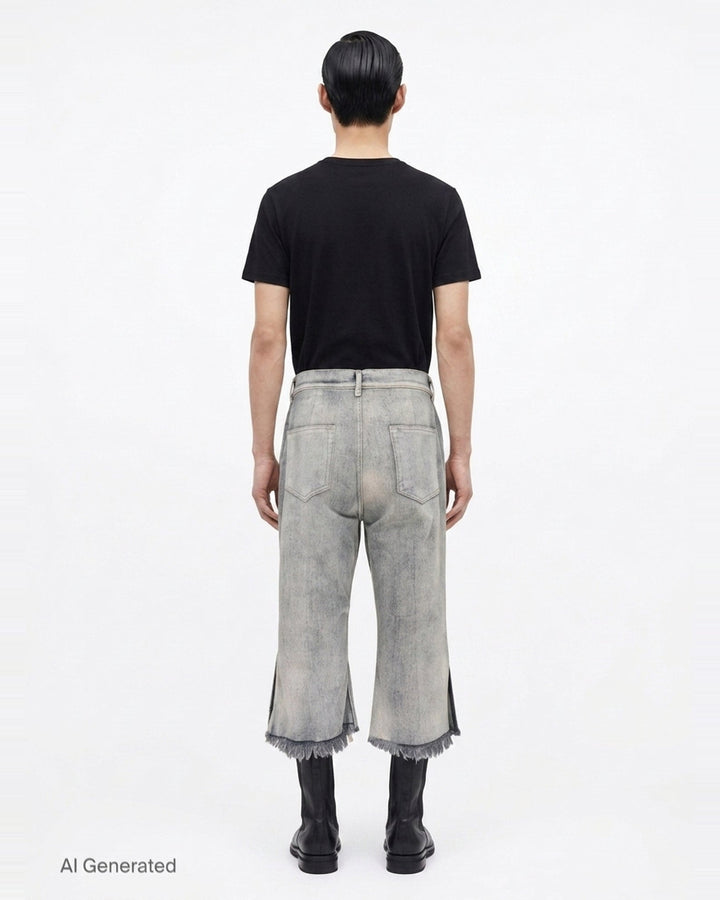 Rick Owens Bolan Cut cropped flared jeans in acid-washed black denim with raw frayed hem and five-pocket construction, front view - back