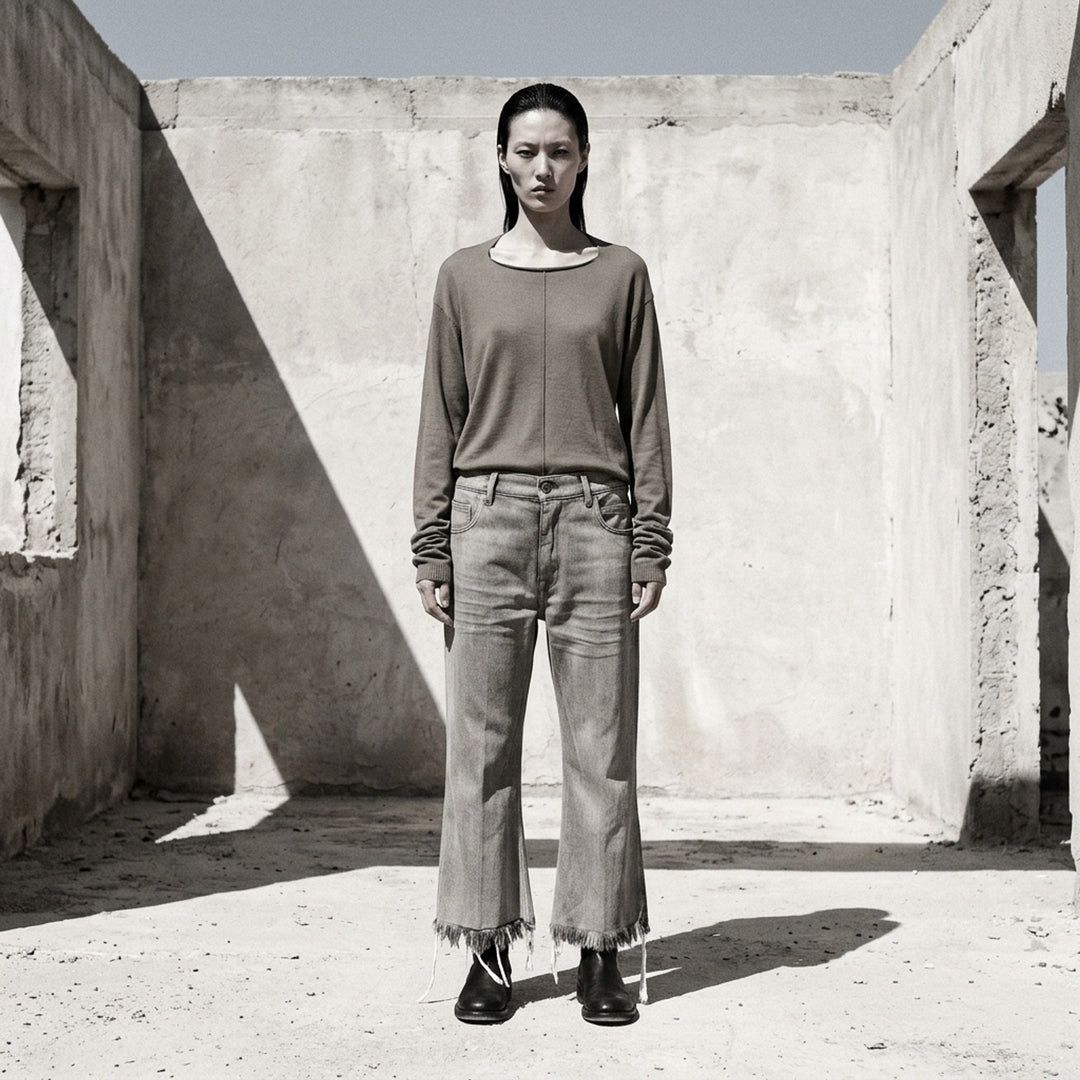 Rick Owens Bolan Cut cropped flare jeans in washed grey denim with heavily frayed raw hem and five-pocket construction, front view - lifestyle