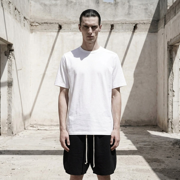 Rick Owens Brad T short sleeve crewneck tee in double cotton jersey, front view - lifestyle