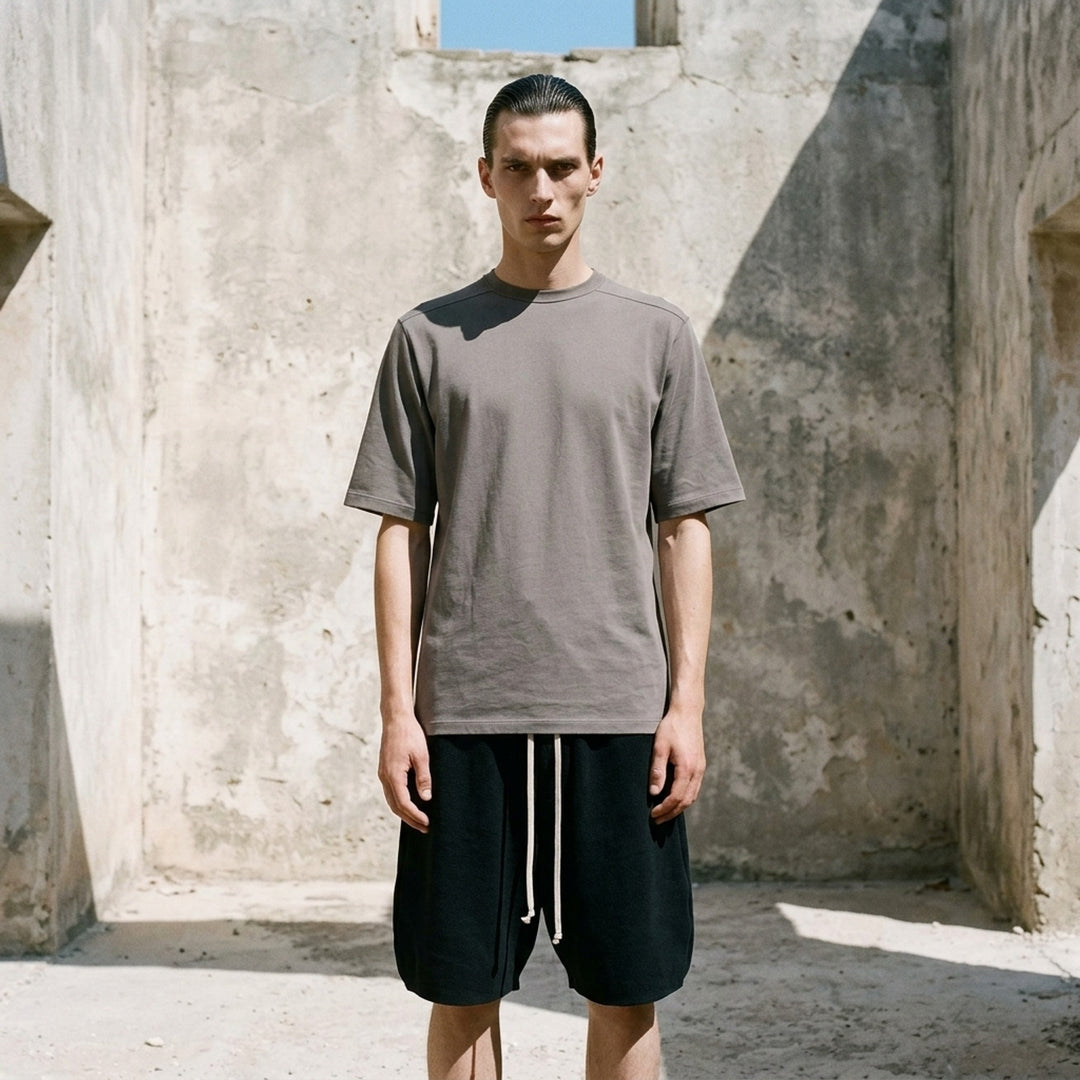 Rick Owens Brad T short sleeve crewneck tee in double cotton jersey, front view - lifestyle