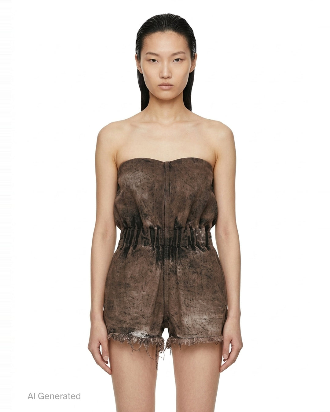 Rick Owens Crater Shorts in 13oz dust-wash brown denim — rear view showing strapless bandeau romper silhouette, gathered elasticated waist, and raw frayed hem - front