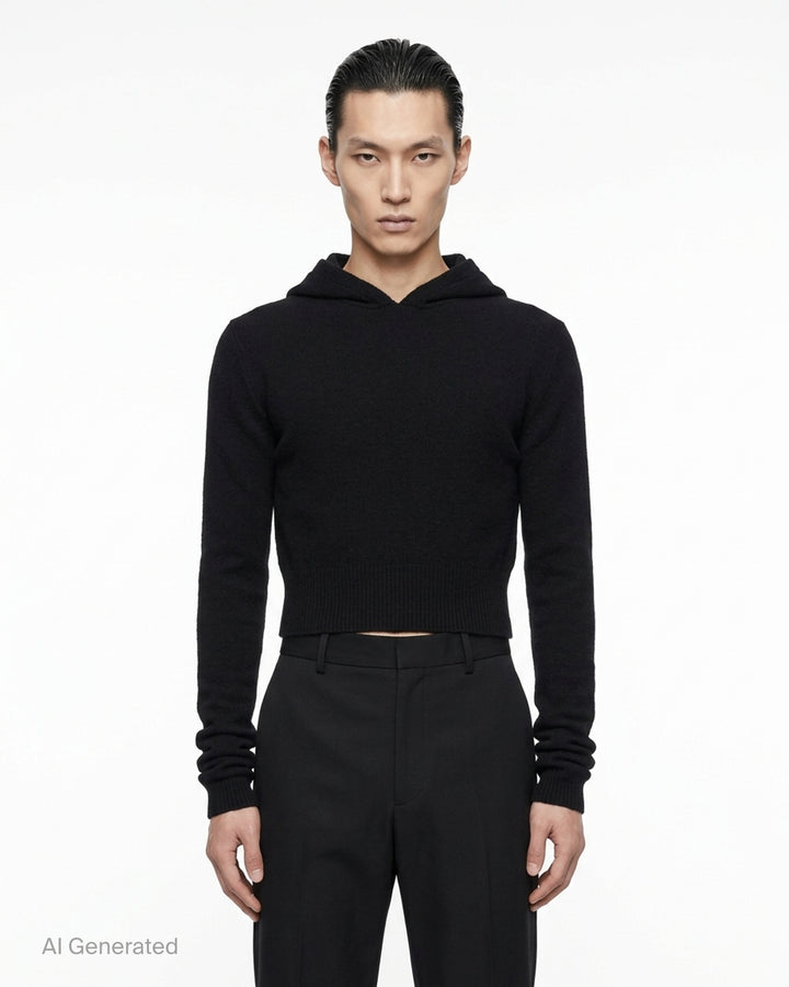Rick Owens black cropped knit hoodie with fitted silhouette, ribbed hem and long sleeves, shown flat against a white background - front
