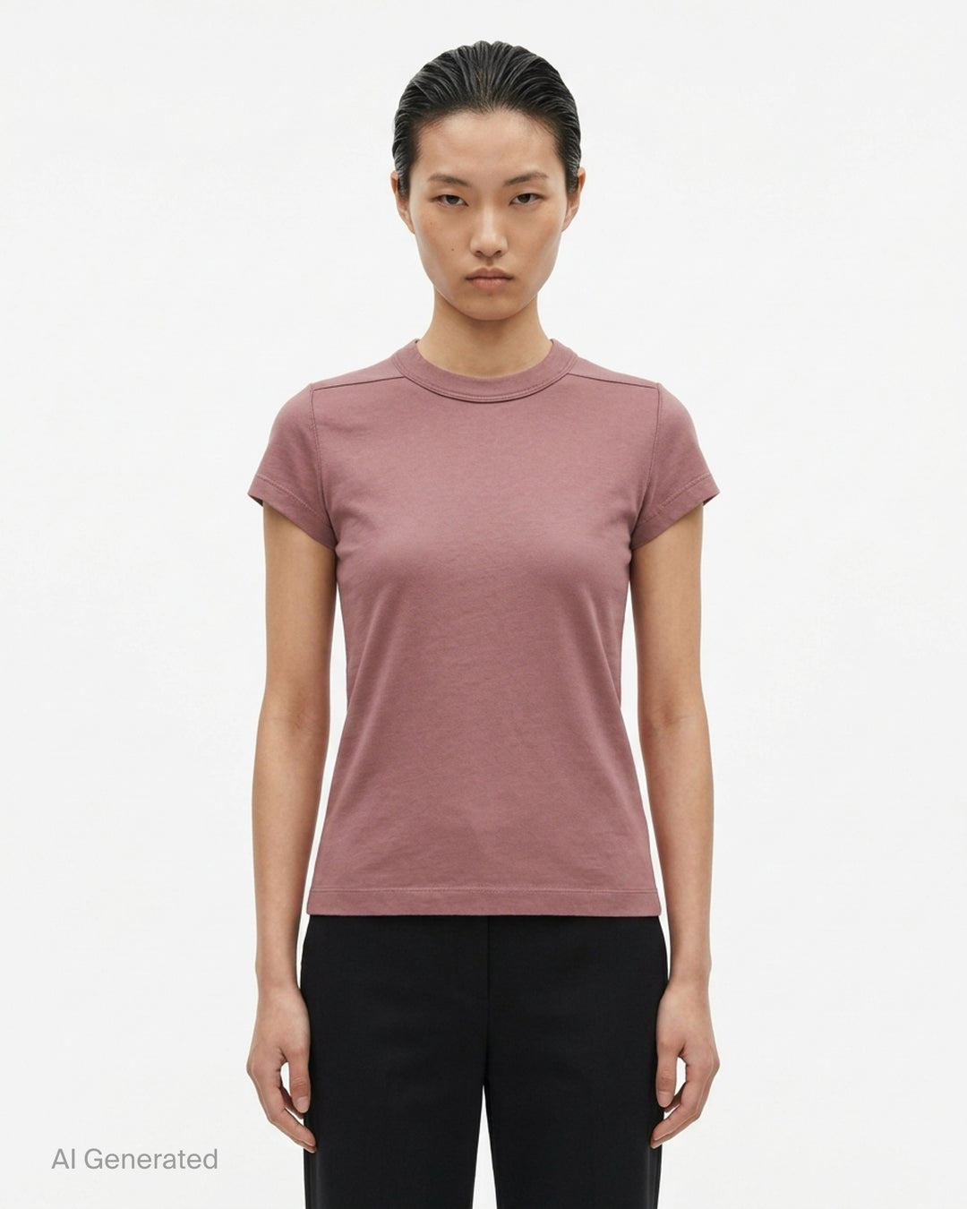 Rick Owens Cropped Level Classic Cotton Tee in dusty rose, featuring a raised mock neck, cap sleeves, and a fitted cropped silhouette with topstitched seam detailing - front