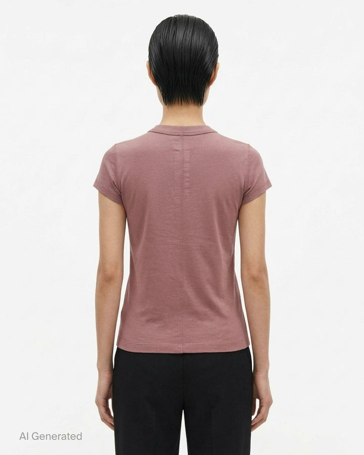 Rick Owens Cropped Level Classic Cotton Tee in dusty rose, featuring a raised mock neck, cap sleeves, and a fitted cropped silhouette with topstitched seam detailing - back