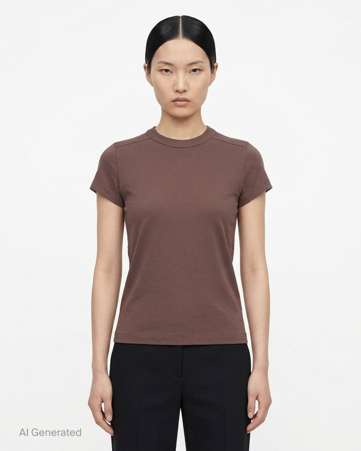 Rick Owens Cropped Level T-Shirt in muted taupe-grey with ribbed crew neck and short cap sleeves, front view - front