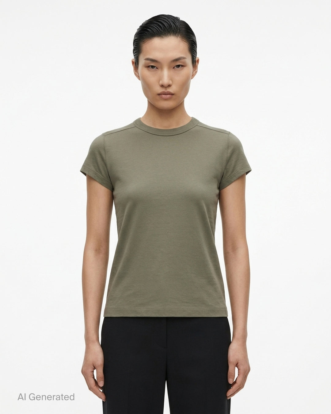 Rick Owens Cropped Level T-Shirt in muted taupe-grey with ribbed crew neck and short cap sleeves, front view - front