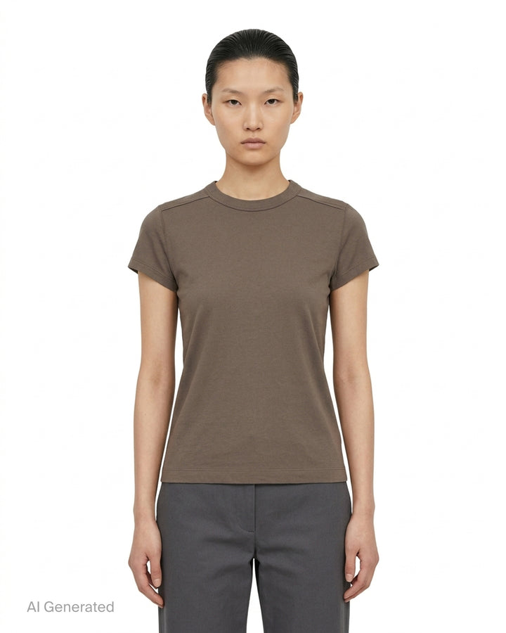Rick Owens Cropped Level T-Shirt in muted taupe-grey with ribbed crew neck and short cap sleeves, front view - front