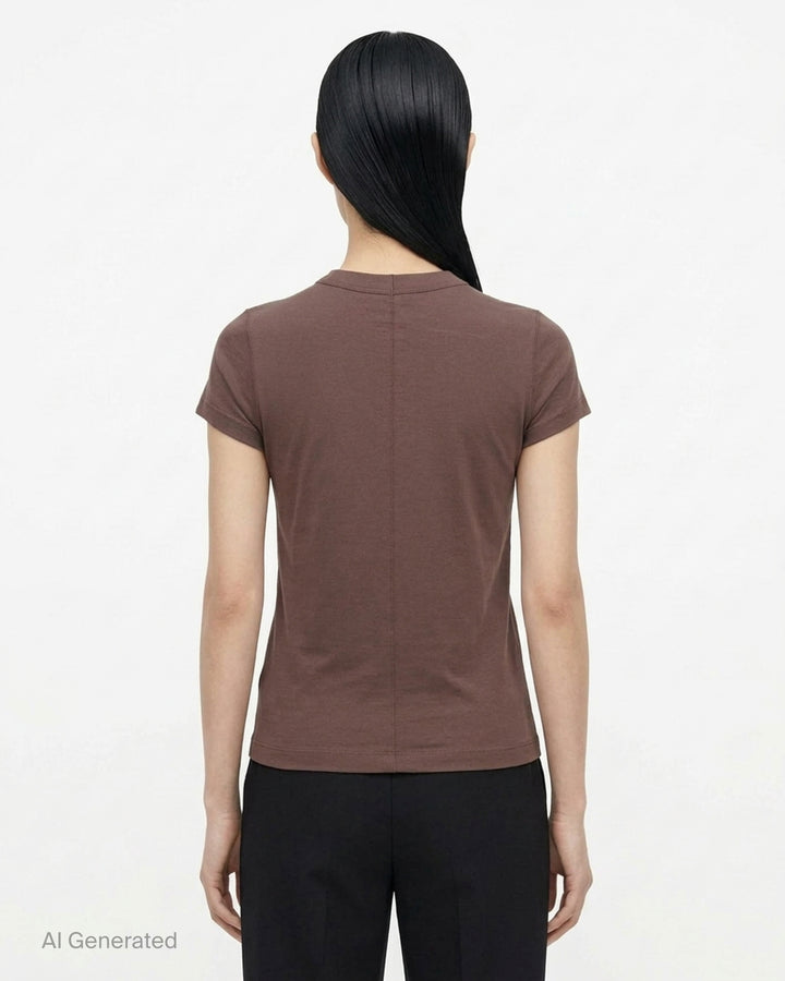 Rick Owens Cropped Level T-Shirt in muted taupe-grey with ribbed crew neck and short cap sleeves, front view - back
