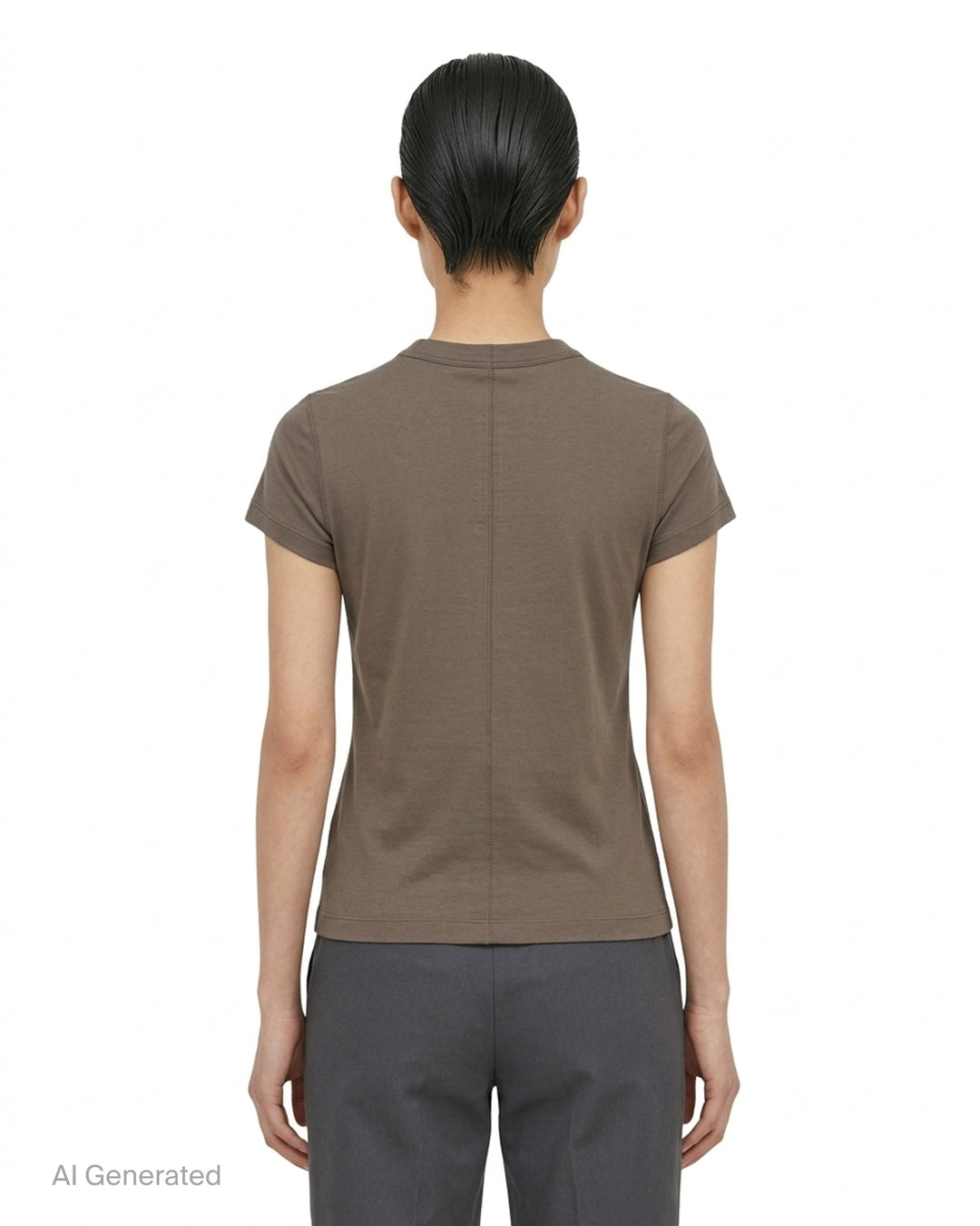 Rick Owens Cropped Level T-Shirt in muted taupe-grey with ribbed crew neck and short cap sleeves, front view - back