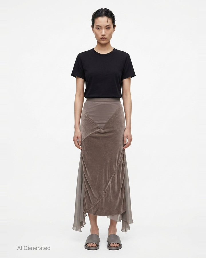 Rick Owens Double Sliced Midi Skirt in taupe crushed velvet with diagonal seaming and fluid chiffon hem panels, front view on white background - front