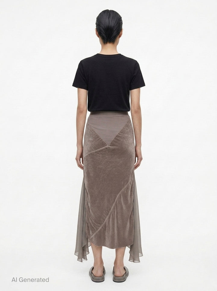 Rick Owens Double Sliced Midi Skirt in taupe crushed velvet with diagonal seaming and fluid chiffon hem panels, front view on white background - back
