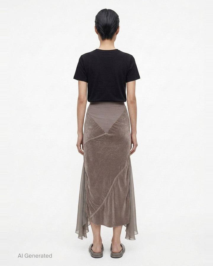 Rick Owens Double Sliced Midi Skirt in taupe crushed velvet with diagonal seaming and fluid chiffon hem panels, front view on white background - back