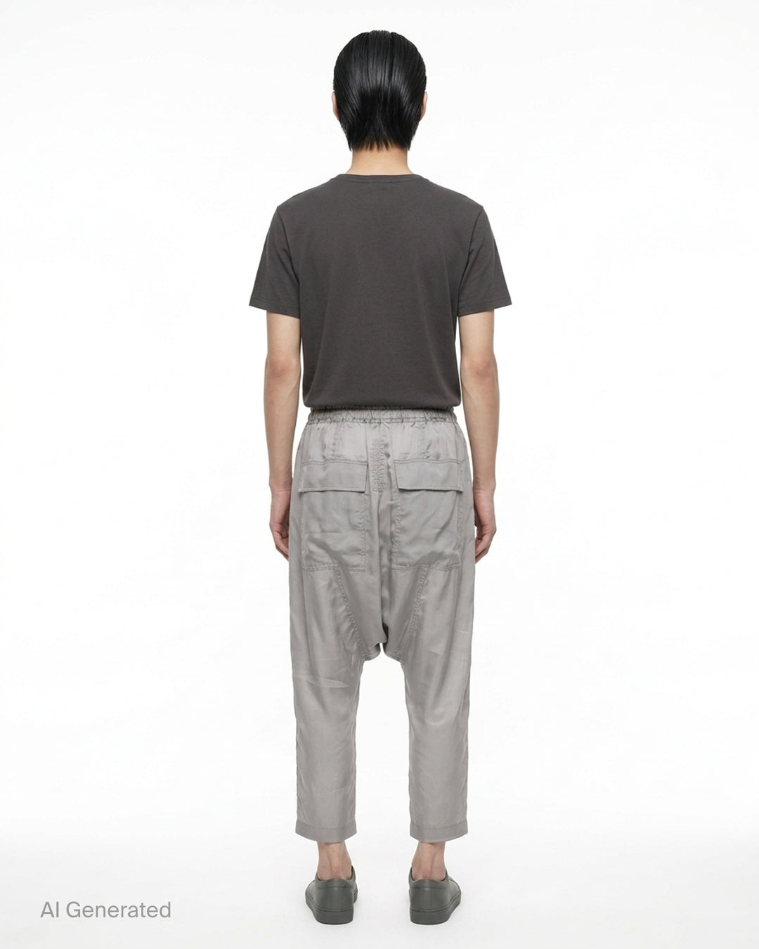 Rick Owens grey drawstring cropped pants with a dropped crotch, elasticated waistband and fluid, semi-sheer fabric, shown from the front - back