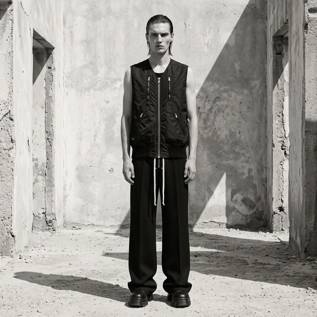 Rick Owens black washed nylon sleeveless bomber vest with V-neckline, silver front zip, four zip pockets and ribbed knit hem - lifestyle