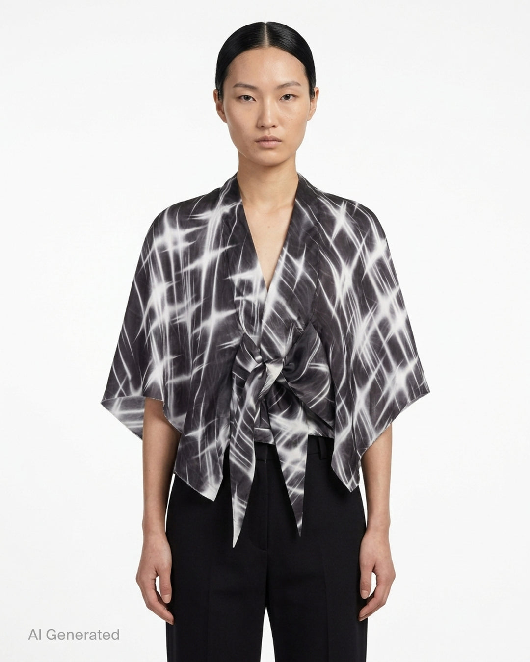 Rick Owens Half Moon wrap top in a black and white starburst print with a kimono-style silhouette and knotted tie front - front