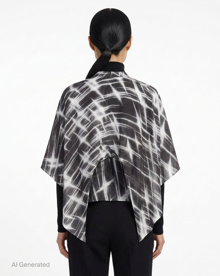 Rick Owens Half Moon wrap top in a black and white starburst print with a kimono-style silhouette and knotted tie front - back