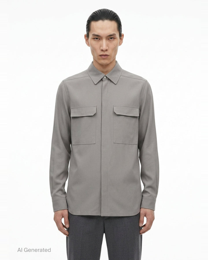 Rick Owens Heavy Cady Long Sleeve Outershirt in taupe-grey with concealed snap placket, dual flap chest pockets, and oversized silhouette - front