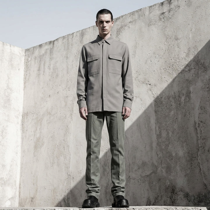 Rick Owens Heavy Cady Long Sleeve Outershirt in taupe-grey with concealed snap placket, dual flap chest pockets, and oversized silhouette - lifestyle