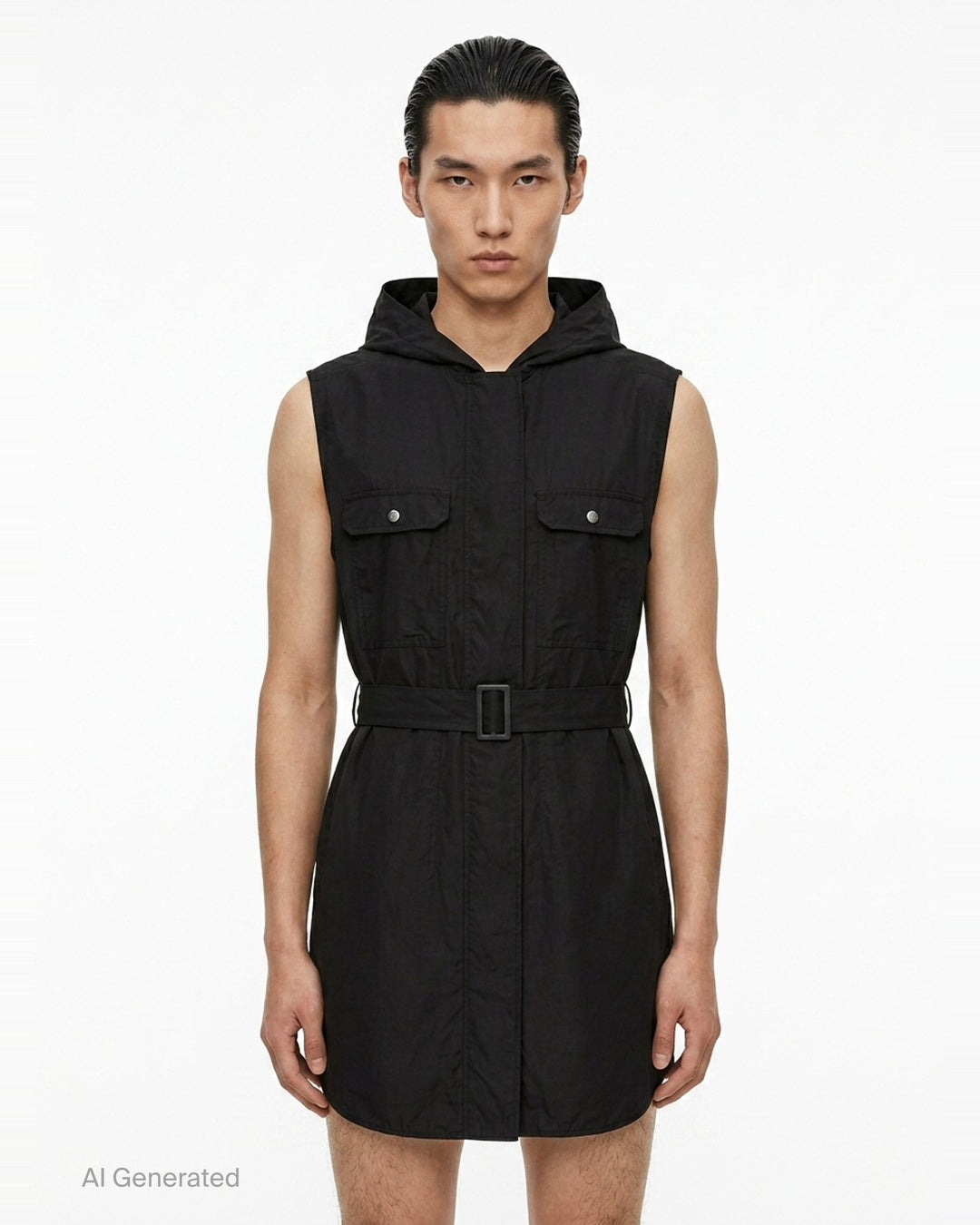 Rick Owens sleeveless hooded midi coat in sage grey with utility chest pockets, a self-fabric belt with rectangular buckle, and a snap-button front placket, displayed on a ghost mannequin against a white background - front