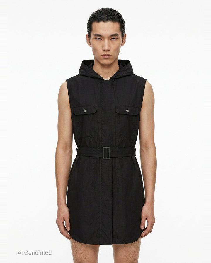 Rick Owens sleeveless hooded midi coat in sage grey with utility chest pockets, a self-fabric belt with rectangular buckle, and a snap-button front placket, displayed on a ghost mannequin against a white background - front