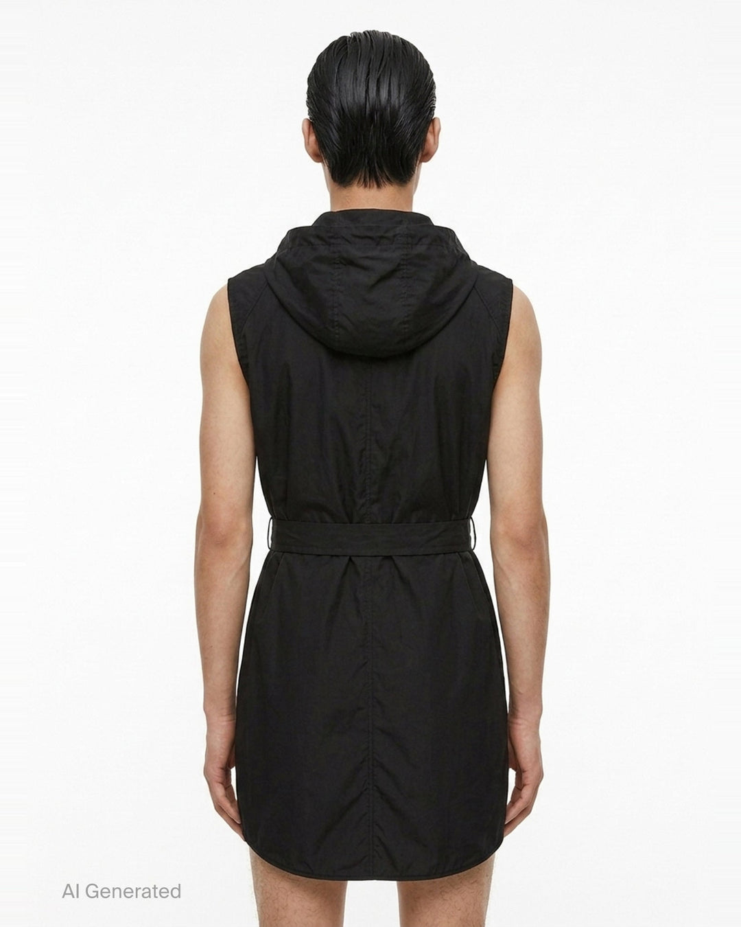 Rick Owens sleeveless hooded midi coat in sage grey with utility chest pockets, a self-fabric belt with rectangular buckle, and a snap-button front placket, displayed on a ghost mannequin against a white background - back