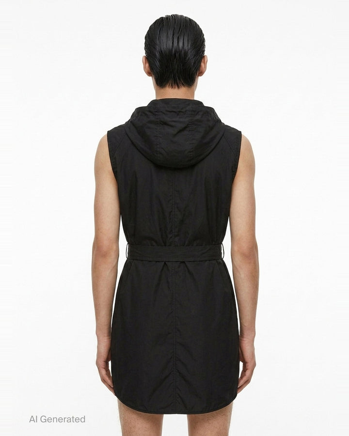 Rick Owens sleeveless hooded midi coat in sage grey with utility chest pockets, a self-fabric belt with rectangular buckle, and a snap-button front placket, displayed on a ghost mannequin against a white background - back