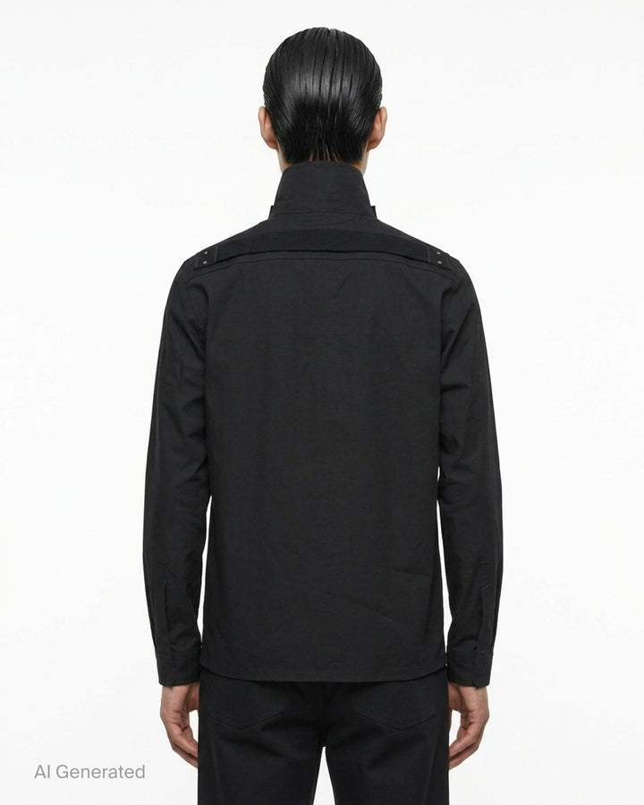 Rick Owens black long sleeve outershirt with high funnel collar, concealed snap placket and two vertical flap chest pockets - back
