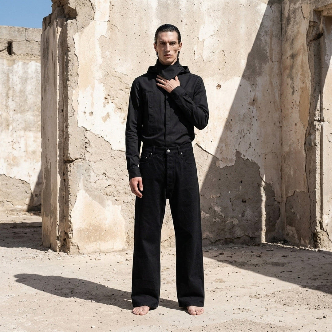 Rick Owens black long sleeve outershirt with high funnel collar, concealed snap placket and two vertical flap chest pockets - lifestyle