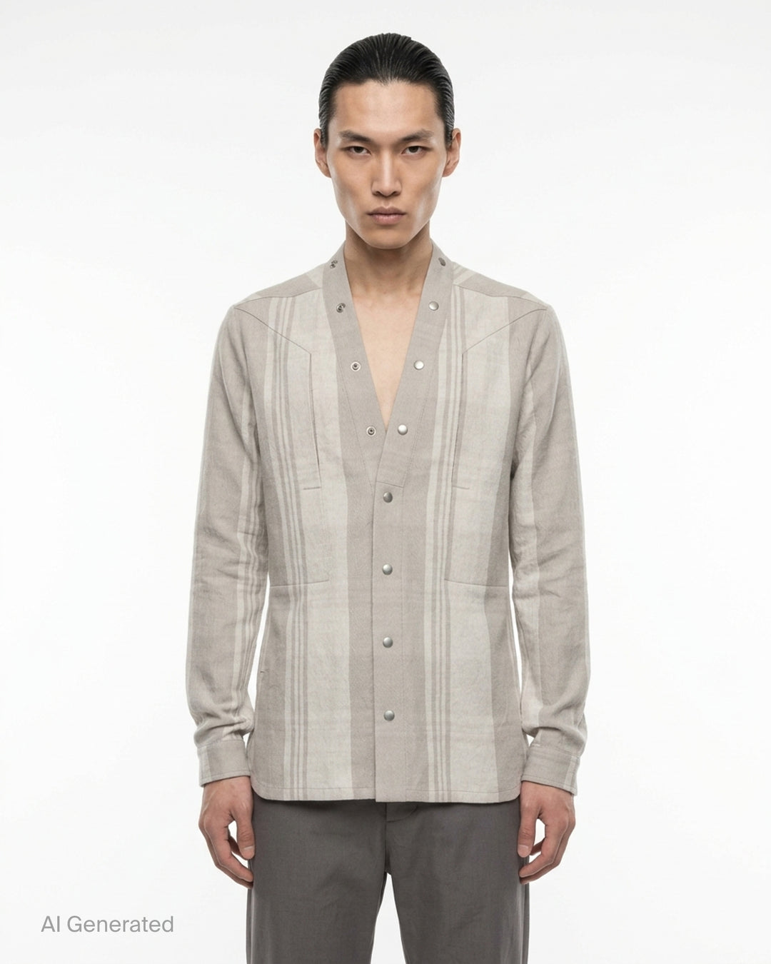 Back view of the Rick Owens Larry Fogpocket long sleeve shirt in a warm beige and cream brushed plaid with snap-fastened stand collar and snap cuffs - front