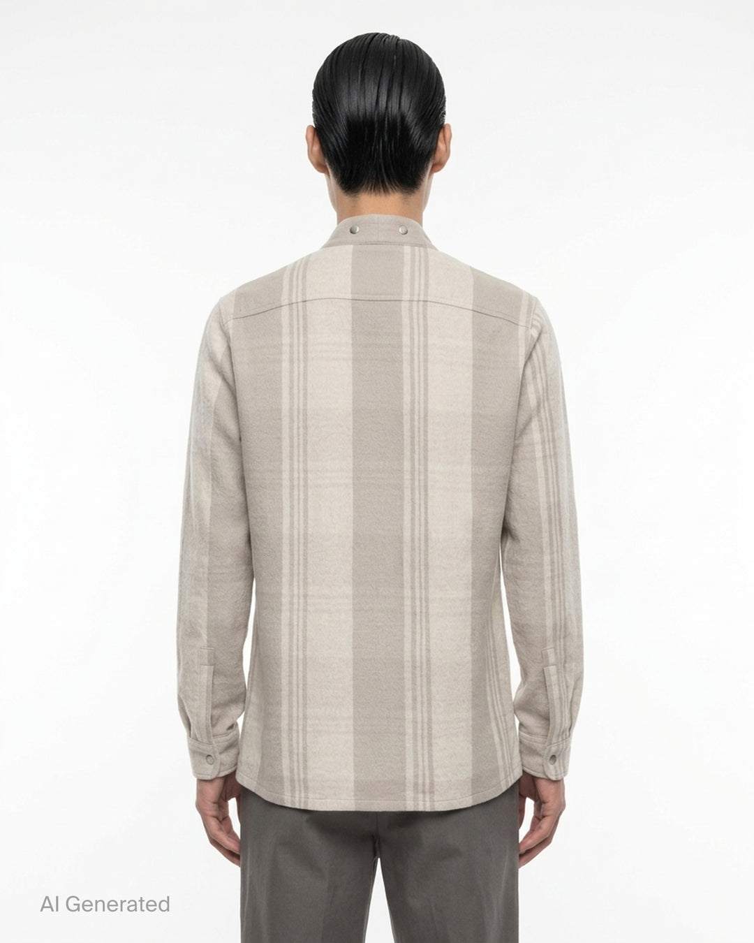 Back view of the Rick Owens Larry Fogpocket long sleeve shirt in a warm beige and cream brushed plaid with snap-fastened stand collar and snap cuffs - back