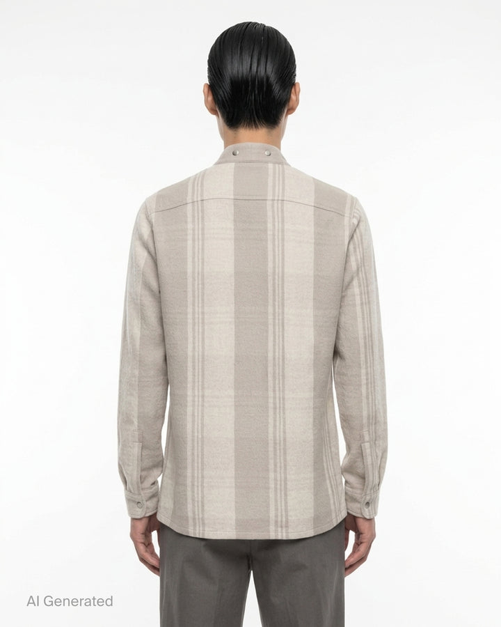 Back view of the Rick Owens Larry Fogpocket long sleeve shirt in a warm beige and cream brushed plaid with snap-fastened stand collar and snap cuffs - back