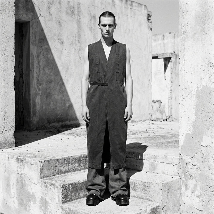 Rick Owens Long Lab Gravel Canvas Vest — sleeveless washed canvas jumpsuit with deep V-neckline, webbing belt, patch pockets, and tapered cropped legs, laid flat on white background - lifestyle