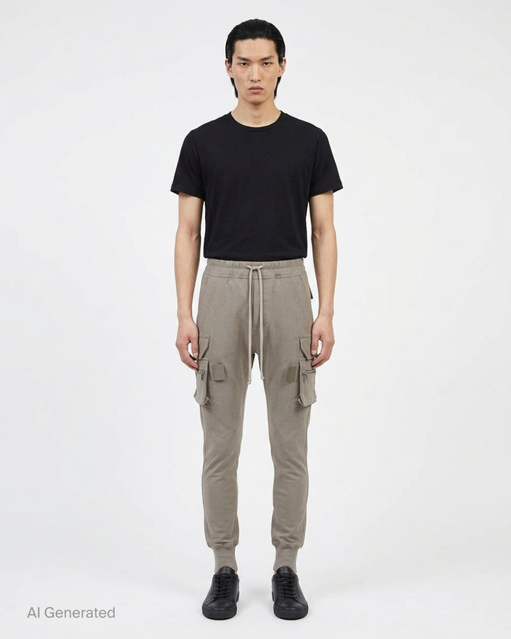 Back view of Rick Owens Mastodon cargo pants in taupe with flap back pockets, side cargo pockets and ribbed cuffs - front