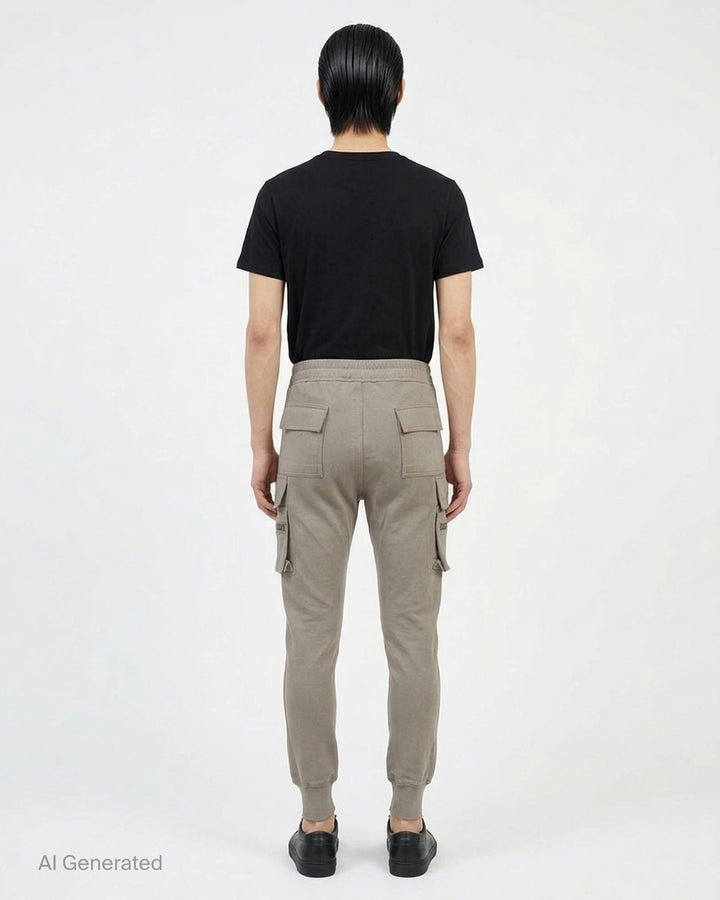 Back view of Rick Owens Mastodon cargo pants in taupe with flap back pockets, side cargo pockets and ribbed cuffs - back