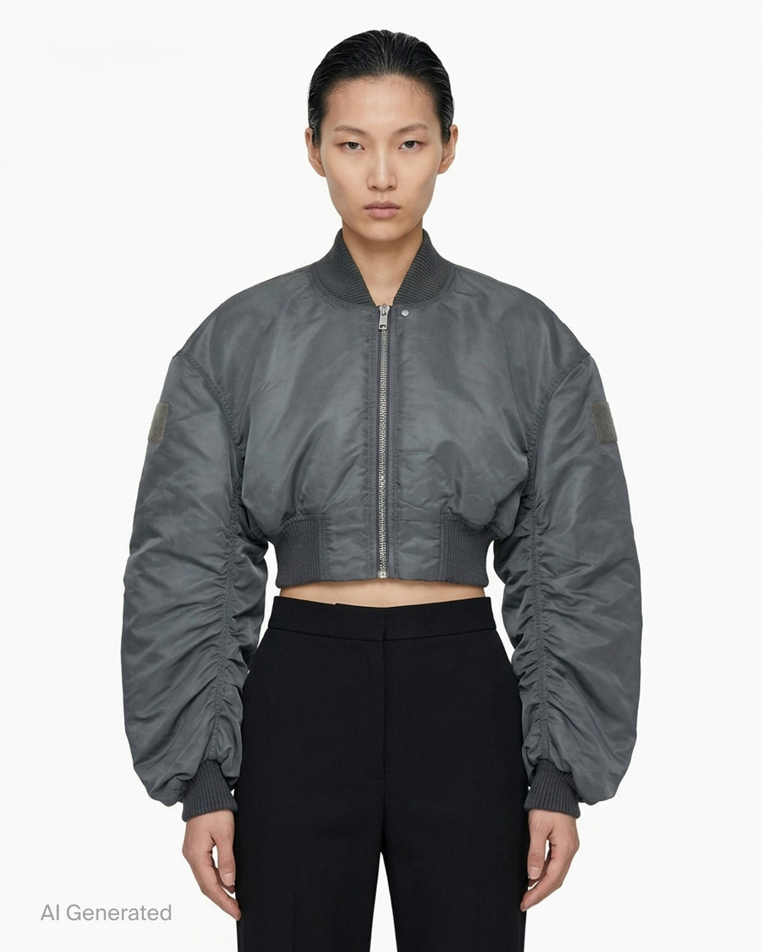 Rick Owens Micro Secchia washed bomber jacket in grey with cropped body, ruched voluminous sleeves and ribbed collar, cuffs and hem - front