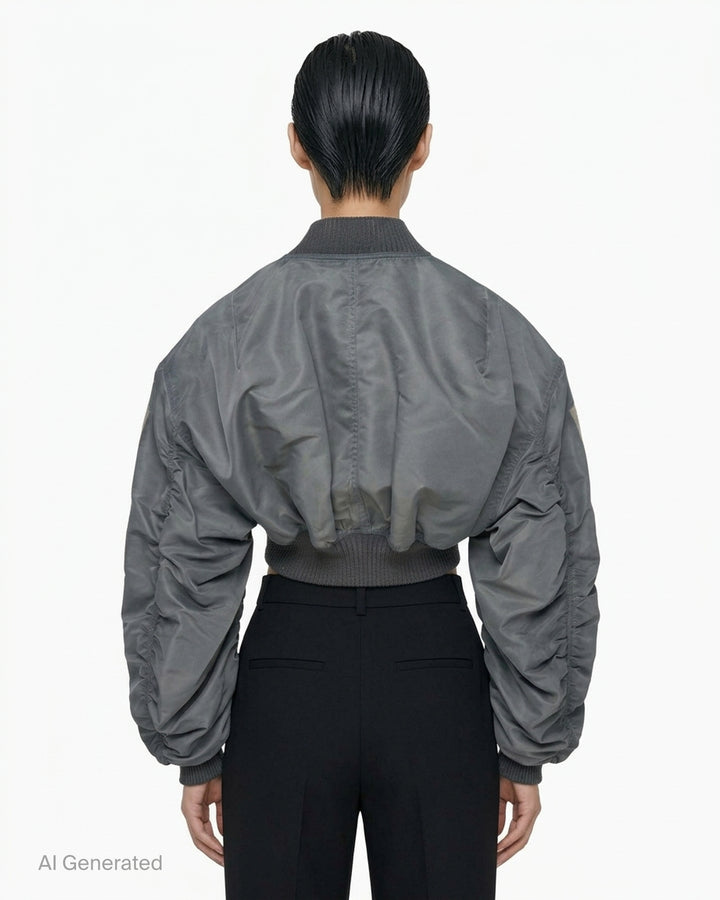 Rick Owens Micro Secchia washed bomber jacket in grey with cropped body, ruched voluminous sleeves and ribbed collar, cuffs and hem - back
