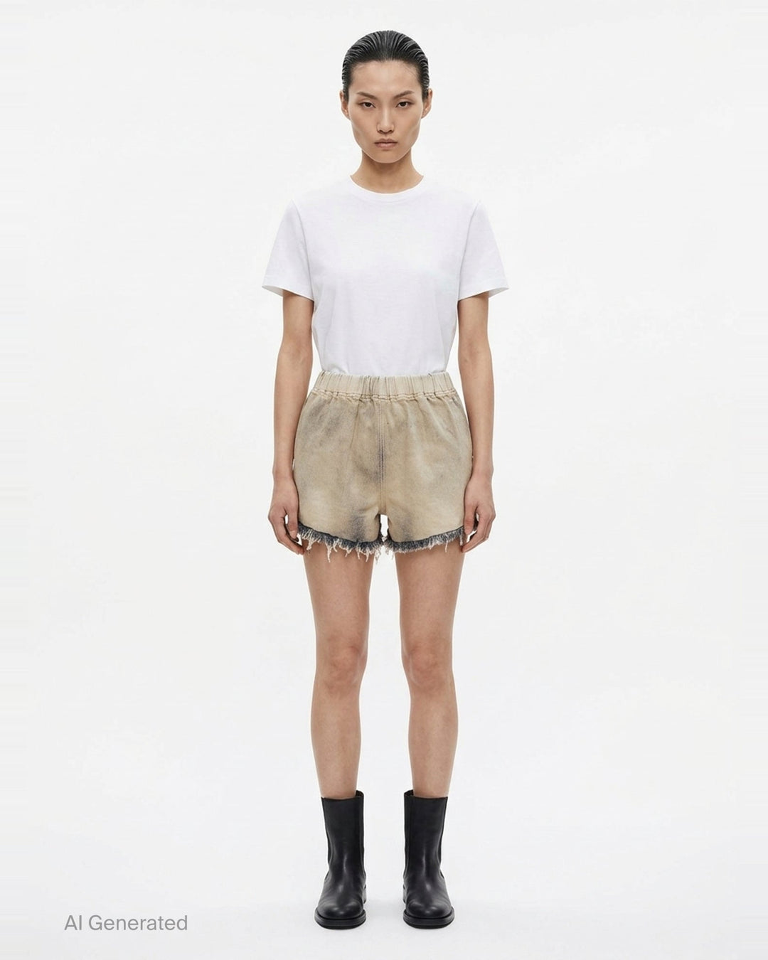 Rick Owens mineral wash denim shorts with elasticated waistband and raw frayed hem in washed beige-grey tone, back view on white background - front